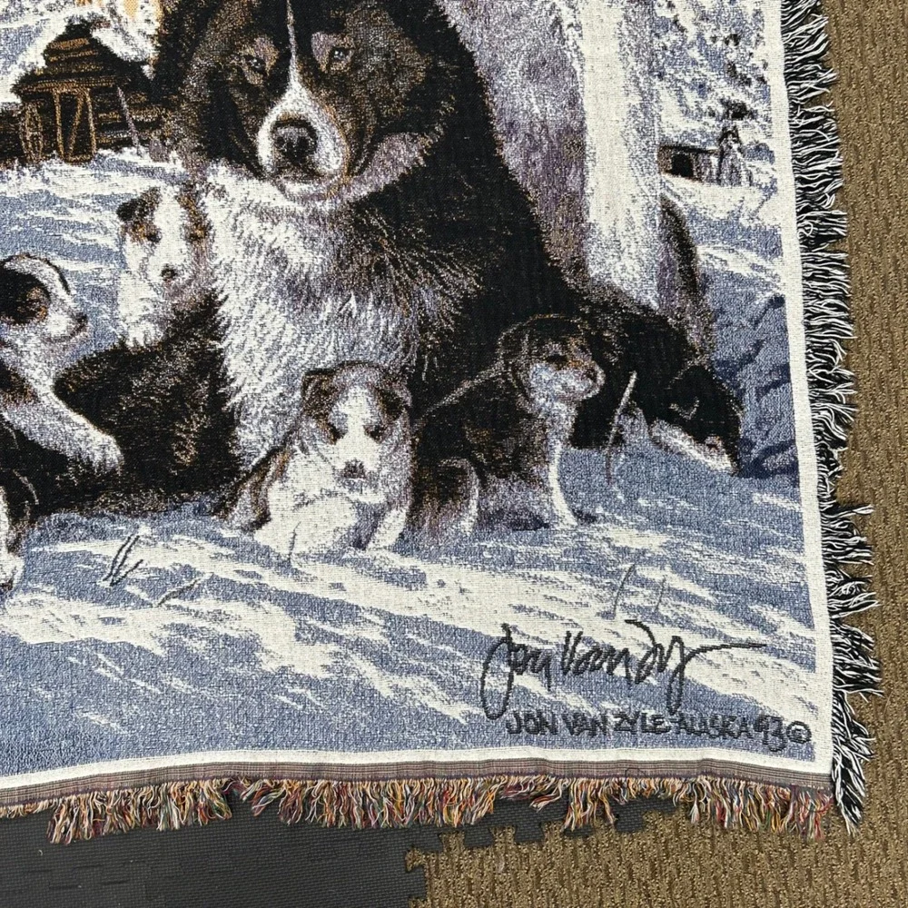 Jon Van Zyle Tapestry Blanket 62x48 Blue Husky Dog Alaskan Cabin Woven Throw